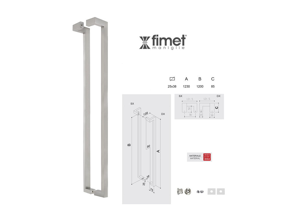 Maniglione Mississippi Q mm.25x38 Interasse 1200 mm.1230x85h AISI304 SX Inox Satinato | Fimet Maniglie - immagine 1